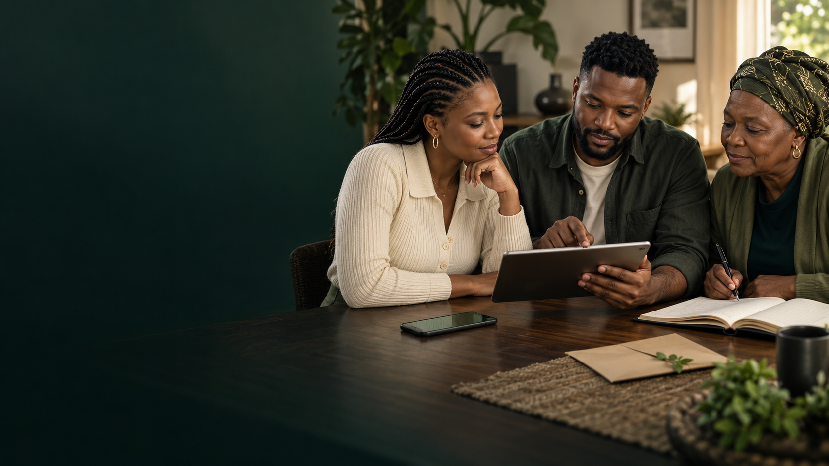A South African family reviewing community savings together