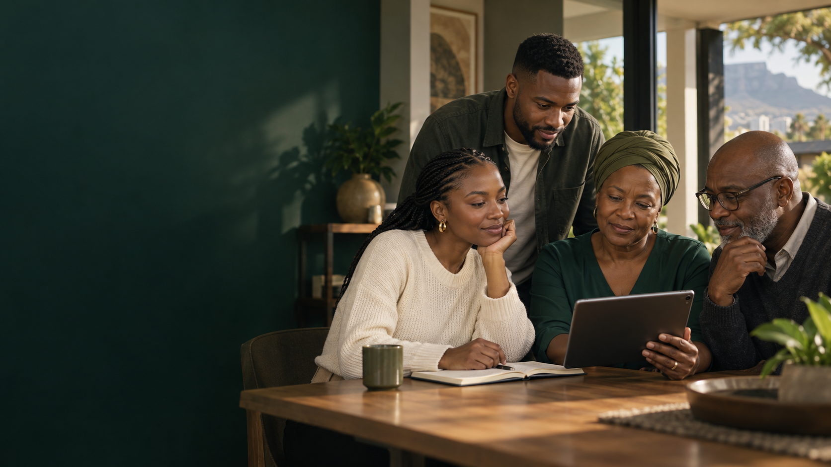 A South African family reviewing community savings together